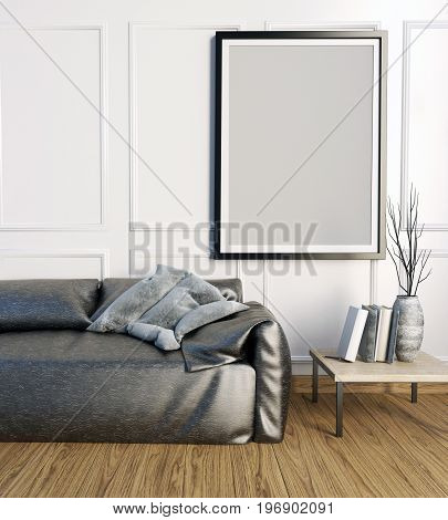 3d illustration interior with leather sofa. posterl mock up