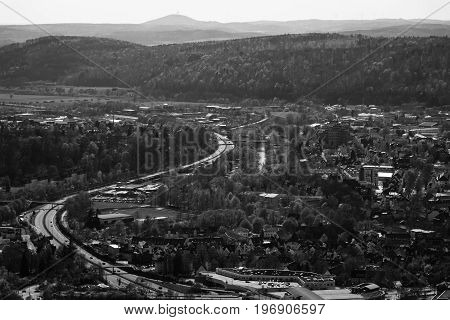 MARBURG GERMANY - APRIL 18 2015: The new and the old part of the city from the surrounding hills. Black and white. Marburg is a university town in the German federal state (Bundesland) of Hessen.