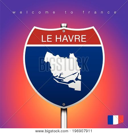 An Sign Road America Style with state of France with Purple Color background and message LE HAVRE and map vector art image illustration