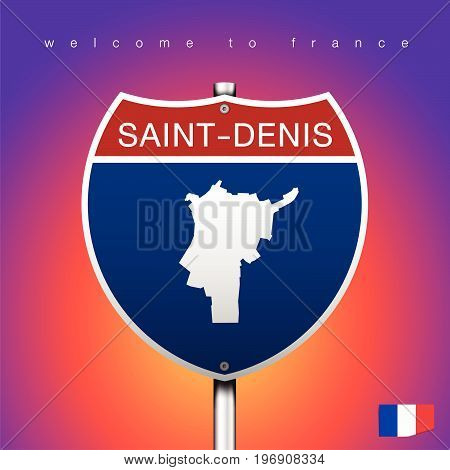 An Sign Road America Style with state of France with Purple Color background and message SAINT-DENIS and map vector art image illustration
