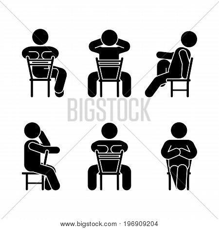 Woman people various sitting position. Posture stick figure. Vector seated person icon symbol sign pictogram on white
