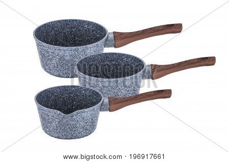 Pan buckets with brown handles non-stick coating art grafit  on white background isolation