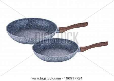 Pans art with brown handles grafit non-stick coating on white background isolation
