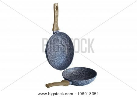 Pans with beige handles art grafit non-stick coating on white background isolation