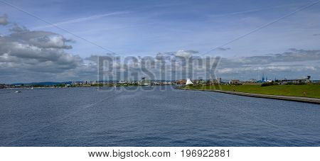 Panoranic view of Cardiff Bay looking from the Barrage in May