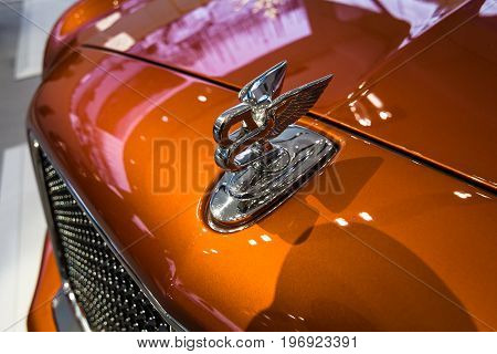 BERLIN - MAY 02 2015: Showroom. Hood ornamment of a full-size luxury car Bentley Mulsanne Speed. Produced since 2014.