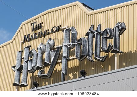LEAVESDEN UK - JUNE 19TH 2017: The sign above the main entrance to the Making of Harry Potter tour at Warner Bros studio in Leavesden UK on 19th June 2017.