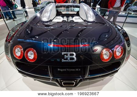 BERLIN - MAY 02 2015: Showroom. Supercar Bugatti Veyron EB 16.4. Fastest serial car in the world. Rear view. Produced from 2005 to 2011.