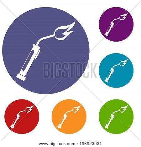Welding torch icons set in flat circle red, blue and green color for web