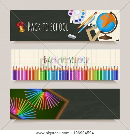 Set of three back to school banners with student items on notebook page and blackboard background, cartoon vector illustration. Set of horizontal back to school banners with student items
