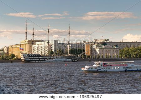 St. Petersburg, Russia - June 28, 2017: Panoramic View Of The Neva River Embankment In St. Petersbur