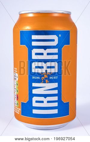 LONDON UK - JULY 7TH 2017: An unopened can of Irn-Bru over a plain white background on 7th July 2017.