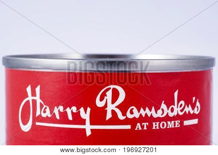 LONDON UK - JULY 7TH 2017: A close-up of the Harry Ramsdens company logo on one of their tinned food products on 7th July 2017.