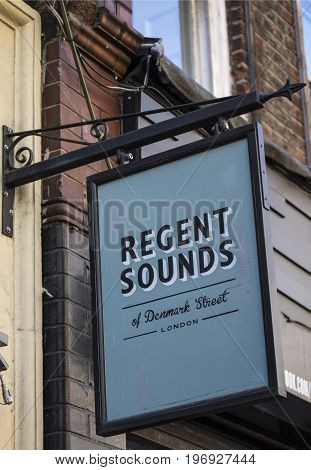 LONDON UK - JUNE 14TH 2017: The sign outside Regent Sounds of Denmark Street in London on 14th June 2017. Regent Sounds was home to a music recording studio - the Rolling Stones recorded their first album here.