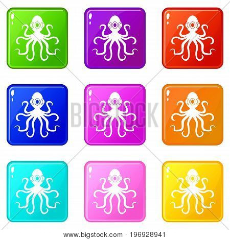 Octopus icons of 9 color set isolated vector illustration