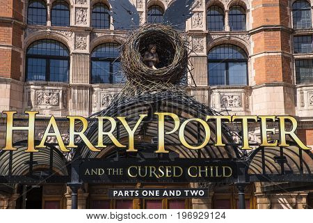 LONDON UK - JUNE 14TH 2017: A view of the front entrance to the Palace Theatre promoting its play Harry Potter and the Cursed Child in London on 14th June 2017.