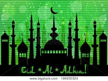 Card with mosques city for wishes with beginning of fasting month of Ramadan as well with Islamic holiday Eid al-Fitr and Eid al-Adha on green twilight background. Vector illustration
