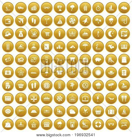 100 seaside resort icons set in gold circle isolated on white vector illustration