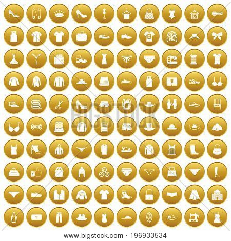 100 sewing icons set in gold circle isolated on white vector illustration