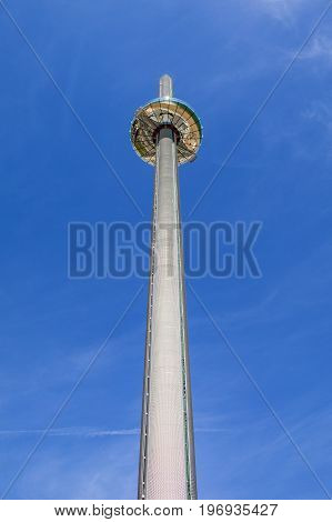 BRIGHTON UK - MAY 31ST 2017: The impressive British Airways i360 observation tower located on Brighton seafront in Sussex UK on 31st May 2017.