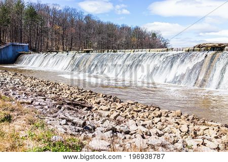 Small Dam With Running Water Fall In Accotink Park In Fairfax, Virginia