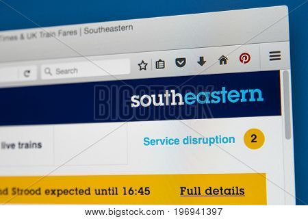 LONDON UK - JUNE 8TH 2017: The homepage of the official website for Southeastern Railway on 8th June 2017.