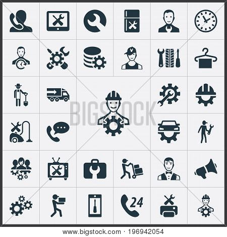 Elements Notice, Toolbox, Engineer And Other Synonyms Chronometr, Man And Gadget.  Vector Illustration Set Of Simple Help Icons.