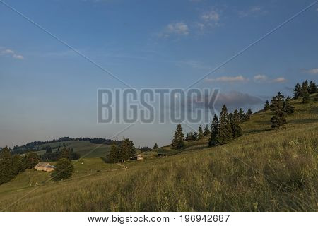 Evening Near Slachovky Hill Over Sheep Chalet In National Park Pieniny
