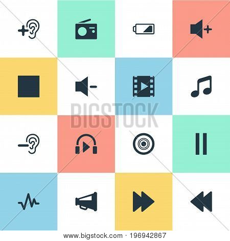 Elements Musical Speaker, Plus, Sound And Other Synonyms Melody, Pause And Quiter.  Vector Illustration Set Of Simple Audio Icons.