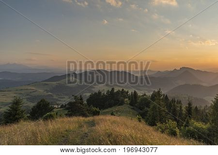 Sunset On Slachovky Hill In Summer Evening Over Lesnica Village