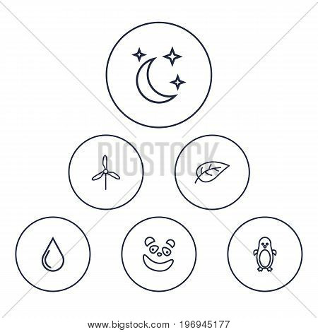 Collection Of Moon With Star, Electric Mill, Water Drop And Other Elements.  Set Of 6 Nature Outline Icons Set.