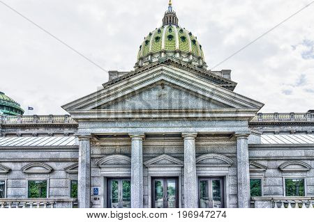Harrisburg, Usa - May 24, 2017: Pennsylvania Capitol Exterior In City Closeup