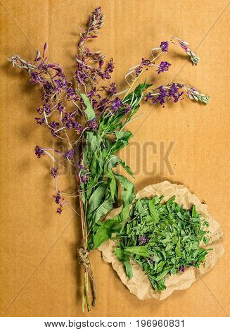 Fireweed. Dried herbs for use in alternative medicine spa herbal cosmetics herbal medicine preparing infusions decoctions tinctures powders ointments butter tea bath.