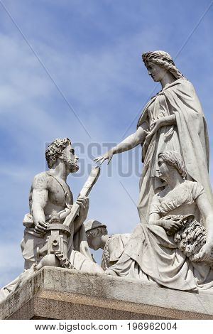 Prince Albert Memorial Kensington Gardens sculpture at the base of the monument London United Kingdom. It was commissioned by Queen Victoria in memory of her husband opened in July 1872