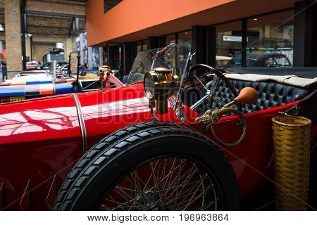 BERLIN - MAY 10 2015: Fragment of retro car EGO 4/14 PS 1923. 28th Berlin-Brandenburg Oldtimer Day