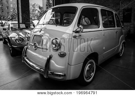 BERLIN - MAY 10 2015: Mini MPV (multi-purpose vehicle) Fiat 600 Multipla. Black and white. 28th Berlin-Brandenburg Oldtimer Day