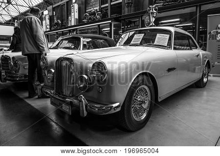 BERLIN - MAY 10 2015: British sports saloon Alvis TD 21 Mk I 1960. Black and white. 28th Berlin-Brandenburg Oldtimer Day