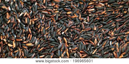 Black coarse rice or half polished rice background uncooked raw cereals.