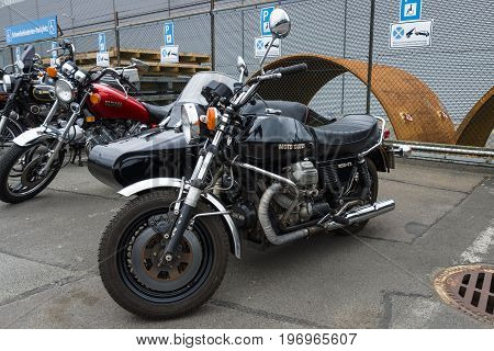 BERLIN - MAY 10 2015: Vintage motorcycle with sidecar Moto Guzzi 850T3 1975. The 28th Berlin-Brandenburg Oldtimer Day