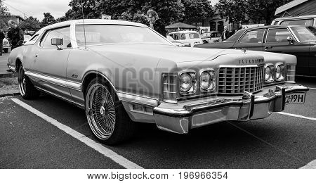 BERLIN - MAY 10 2015: Personal luxury car Ford Thunderbird (seventh generation) 1977. Black and white. The 28th Berlin-Brandenburg Oldtimer Day