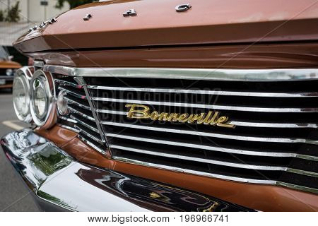 BERLIN - MAY 10 2015: Fragment of a full-size car Pontiac Bonneville 1960. The 28th Berlin-Brandenburg Oldtimer Day