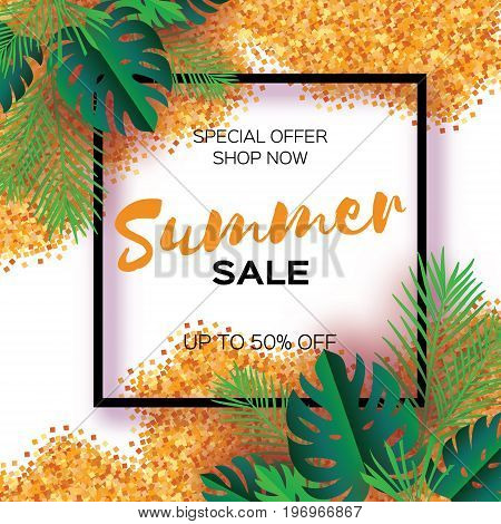 Tropical palm leaves, plants. Trendy Summer Sale Template banner. Paper cut art Exotic. Hawaiian. Text. Square frame. Green jungle floral background with gold glitter. Monstera. Vector illustration