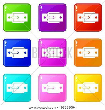 Metal belt buckle icons of 9 color set isolated vector illustration