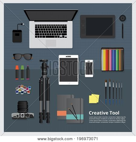 Flat Design Creative Tool Workspace isolated vector illustration