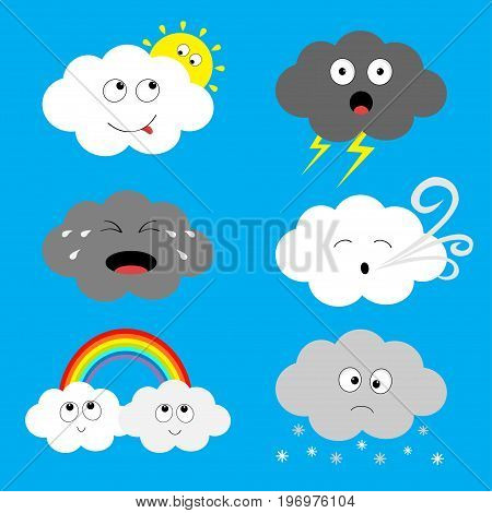 Cloud emoji icon set. Sun rainbow rain drop wind thunderbolt storm lightning. White gray color. Fluffy clouds. Cute cartoon cloudscape. Different emotion. Flat design. Blues sky background Vector