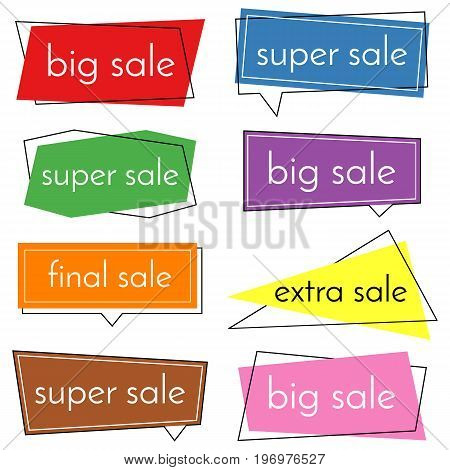 Set of eight sale vector bannes with colorful design elements. Vector illustration.