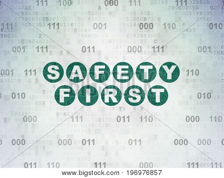 Privacy concept: Painted green text Safety First on Digital Data Paper background with Binary Code
