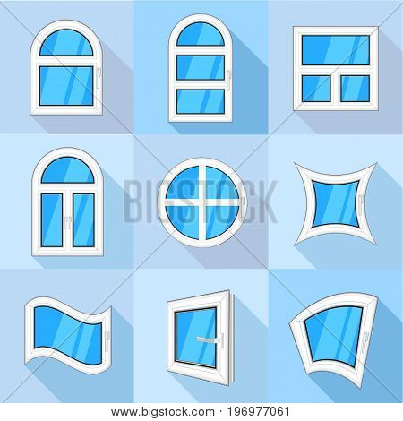 Plastic windows icons set. Flat set of 9 plastic windows vector icons for web with long shadow