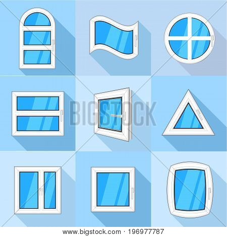 Types of window icons set. Flat set of 9 types of window vector icons for web with long shadow