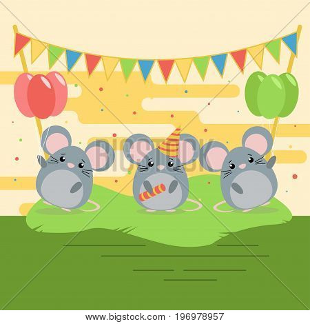 Cartoon Illustration Of Three Cute Mouses With Balloons And Flags On Green Grass. Flat Design For Ch